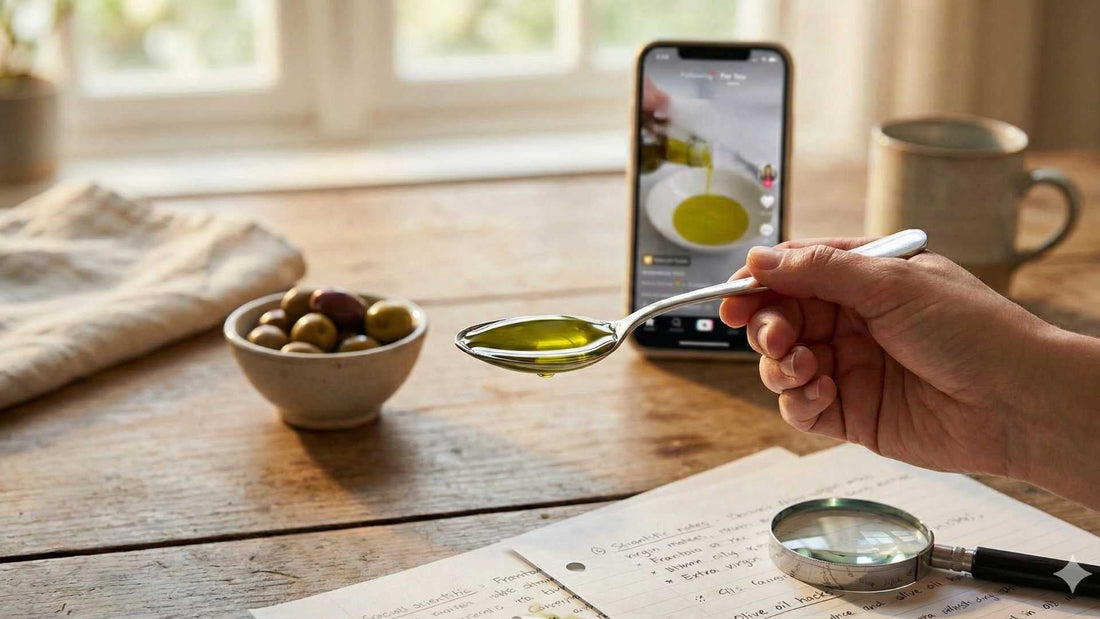 Mano che tiene un cucchiaio di olio extravergine d'oliva per l'assunzione a digiuno. Sullo sfondo sfocato, uno smartphone mostra un video di trend social sull'olio e una lente d'ingrandimento poggia su appunti di ricerca scientifica | Frantoio D'Orazio