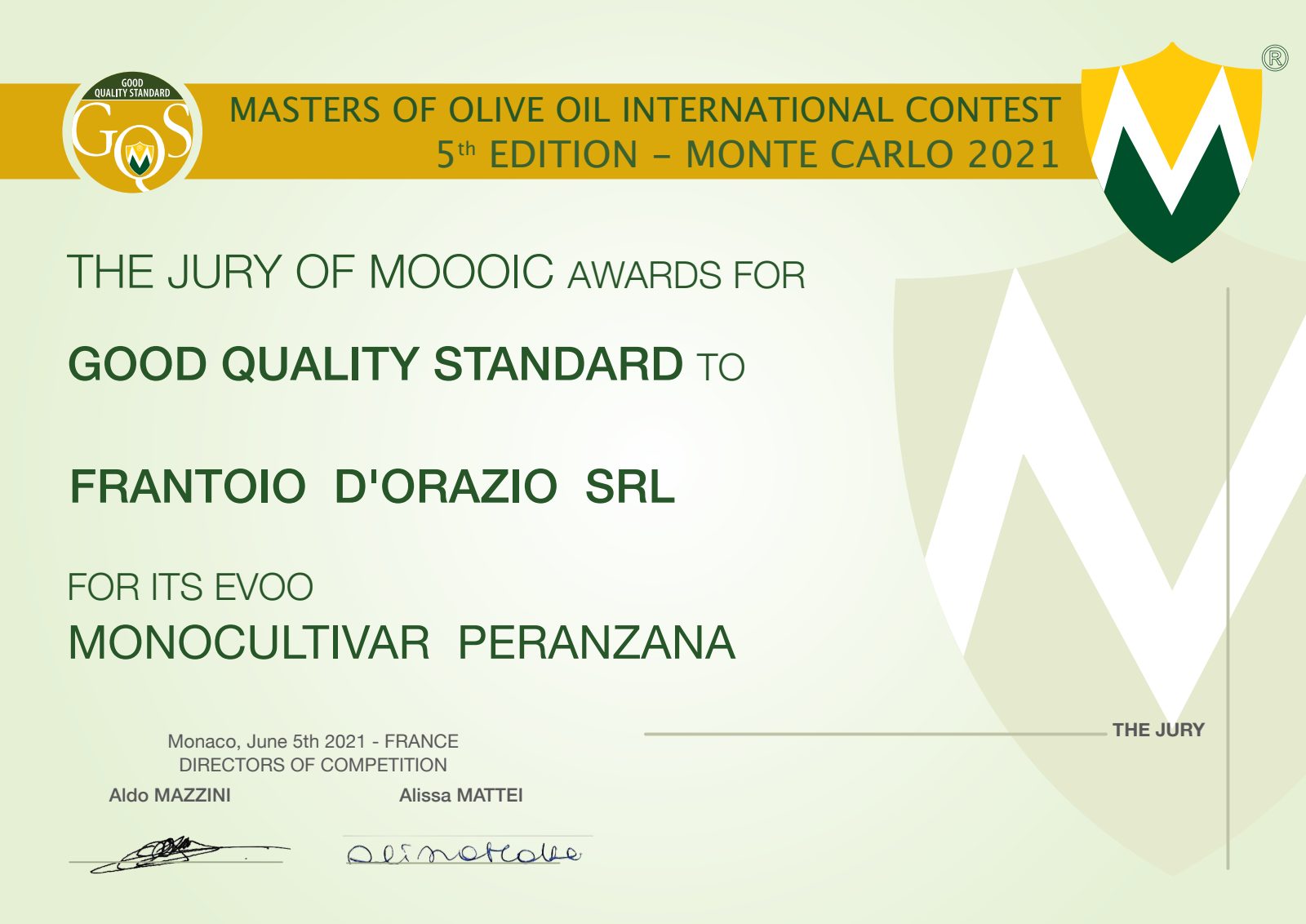 Attestato: Masters of Olive Oil – Monte Carlo