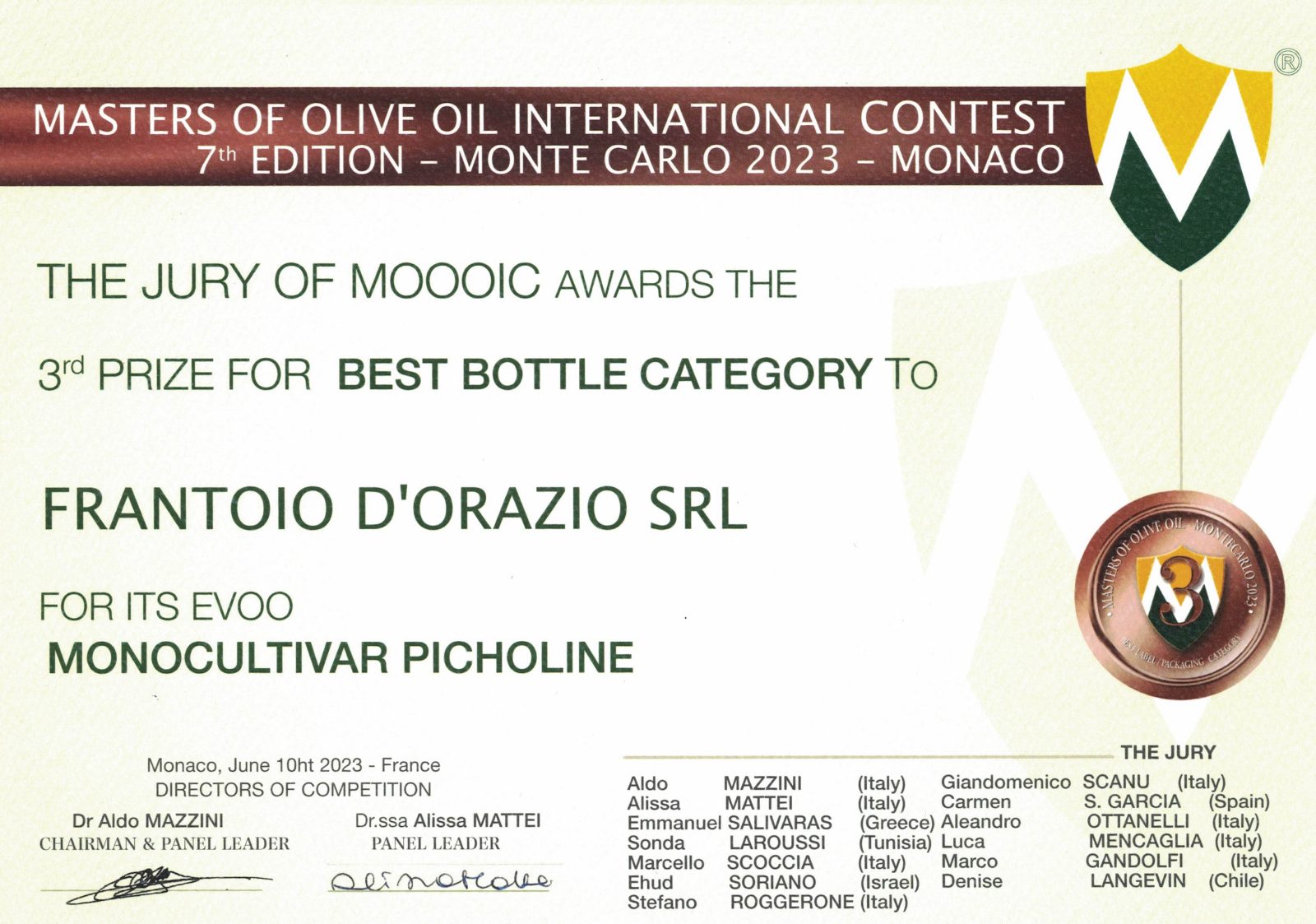 Attestato: Masters of Olive Oil – Monte Carlo