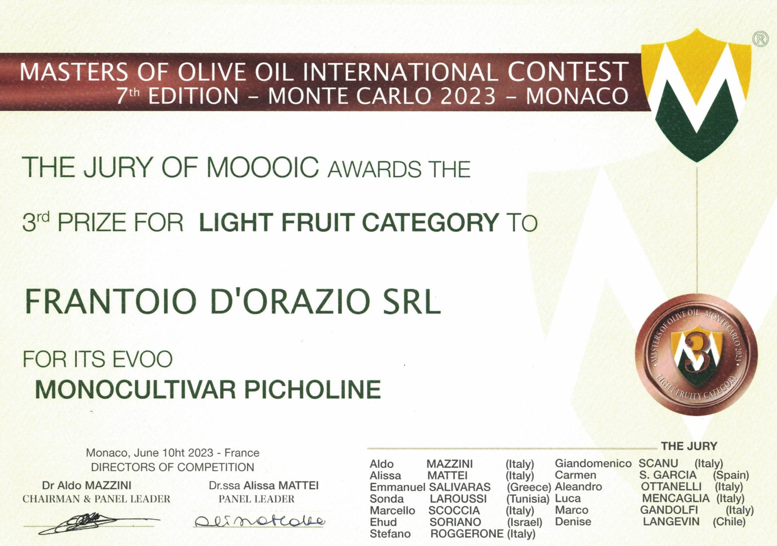 Attestato: Masters of Olive Oil – Monte Carlo