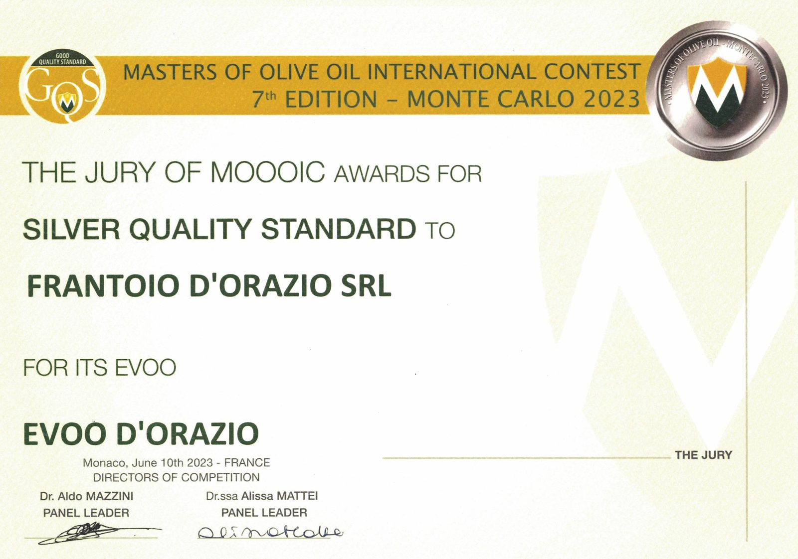 Attestato: Masters of Olive Oil – Monte Carlo